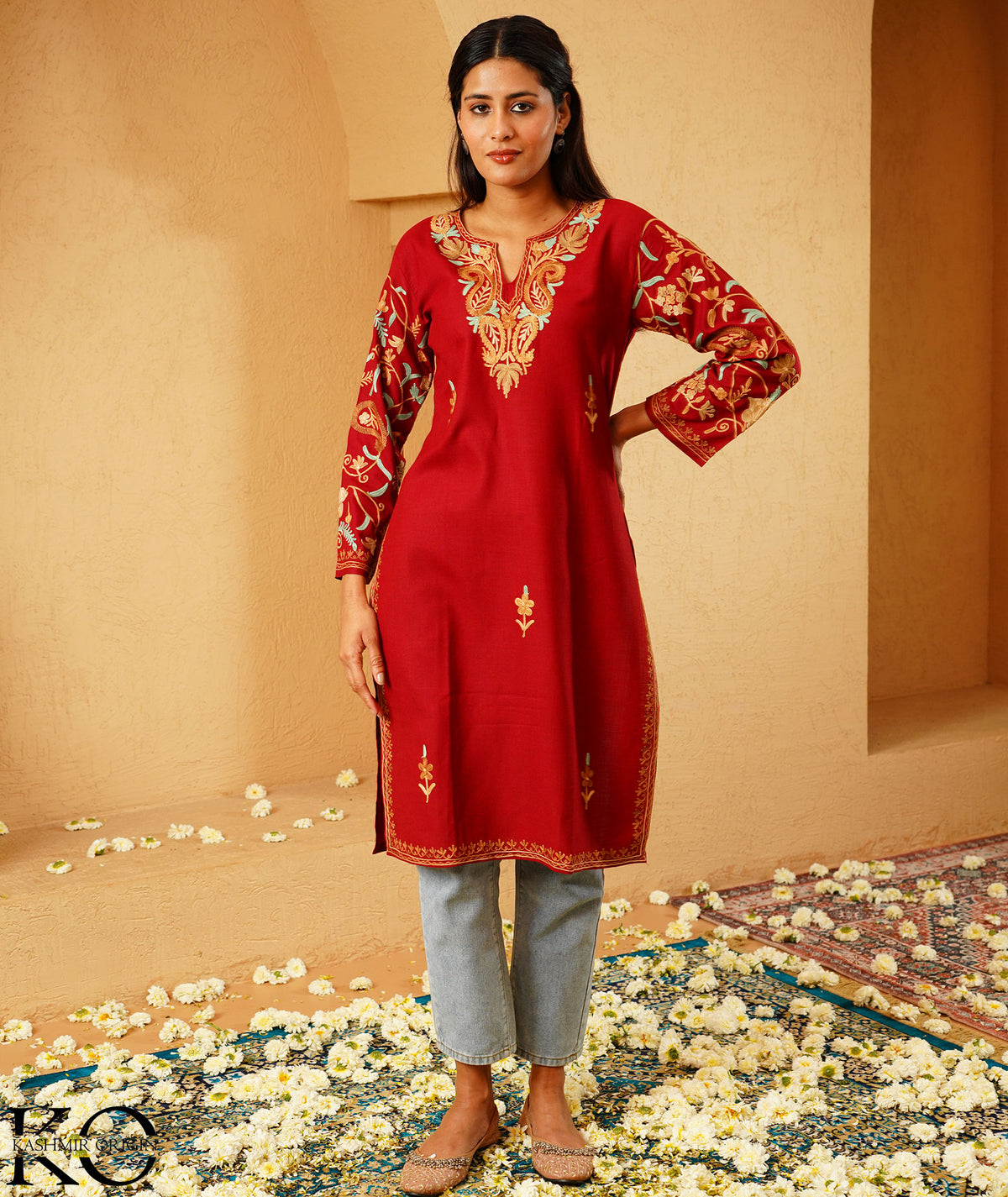 Red Arm Design Aari Embroidered Kashmiri Cotton Kurti