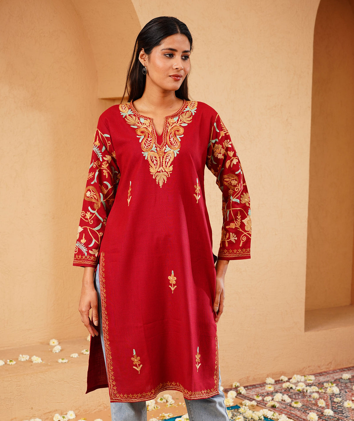 Red Arm Design Aari Embroidered Kashmiri Cotton Kurti