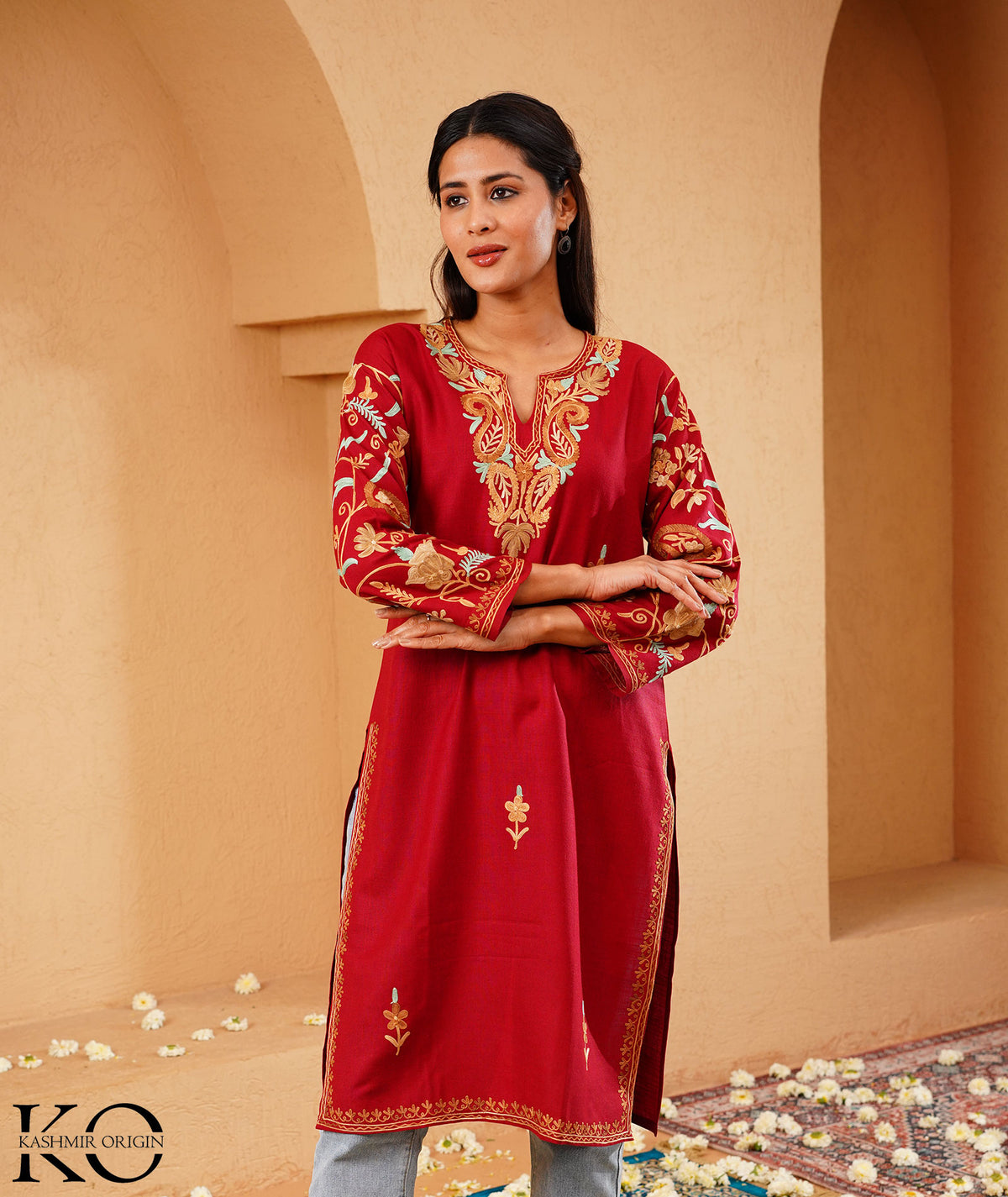 Red Arm Design Aari Embroidered Kashmiri Cotton Kurti