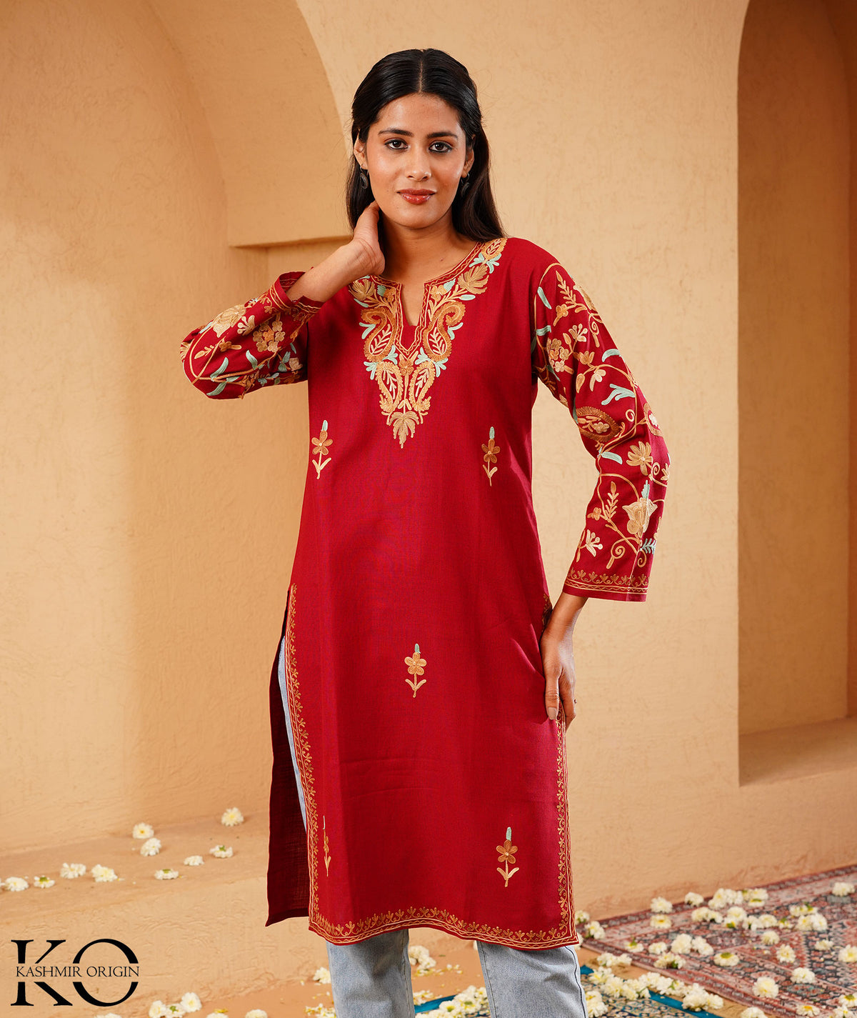 Red Arm Design Aari Embroidered Kashmiri Cotton Kurti