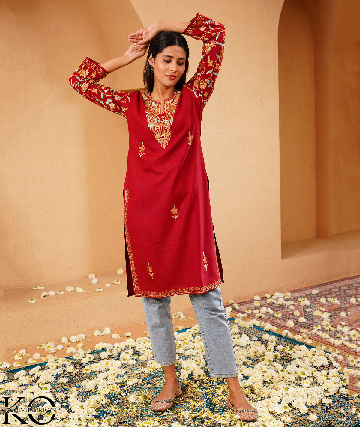 Red Arm Design Aari Embroidered Kashmiri Cotton Kurti