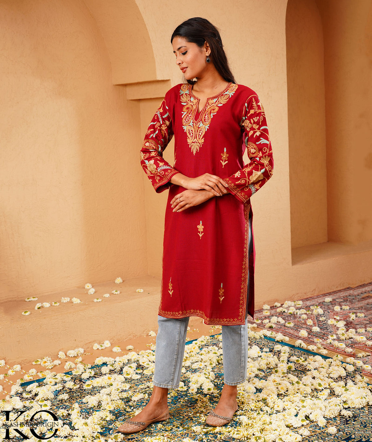 Red Arm Design Aari Embroidered Kashmiri Cotton Kurti