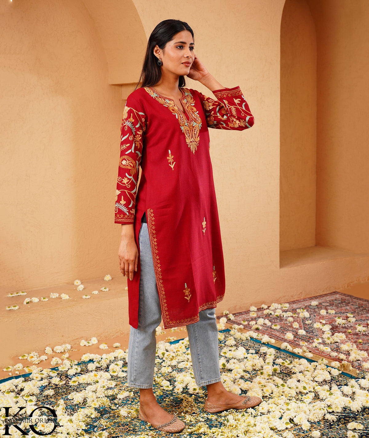 Red Arm Design Aari Embroidered Kashmiri Cotton Kurti
