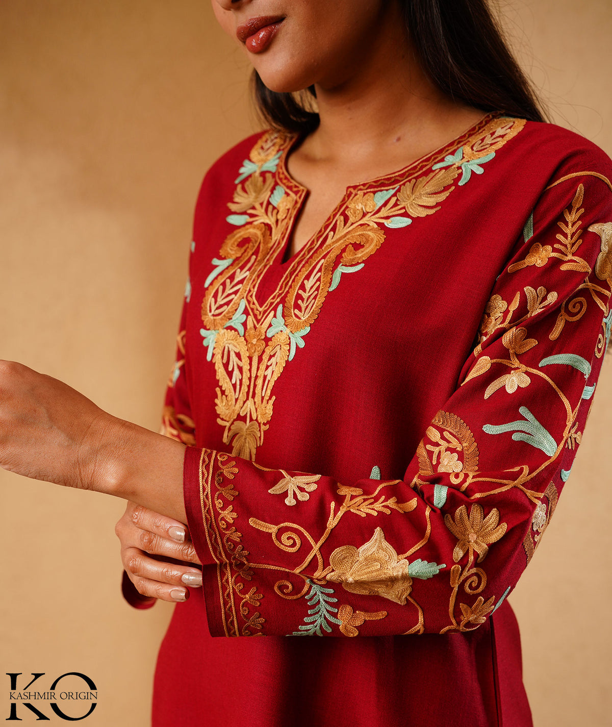 Red Arm Design Aari Embroidered Kashmiri Cotton Kurti
