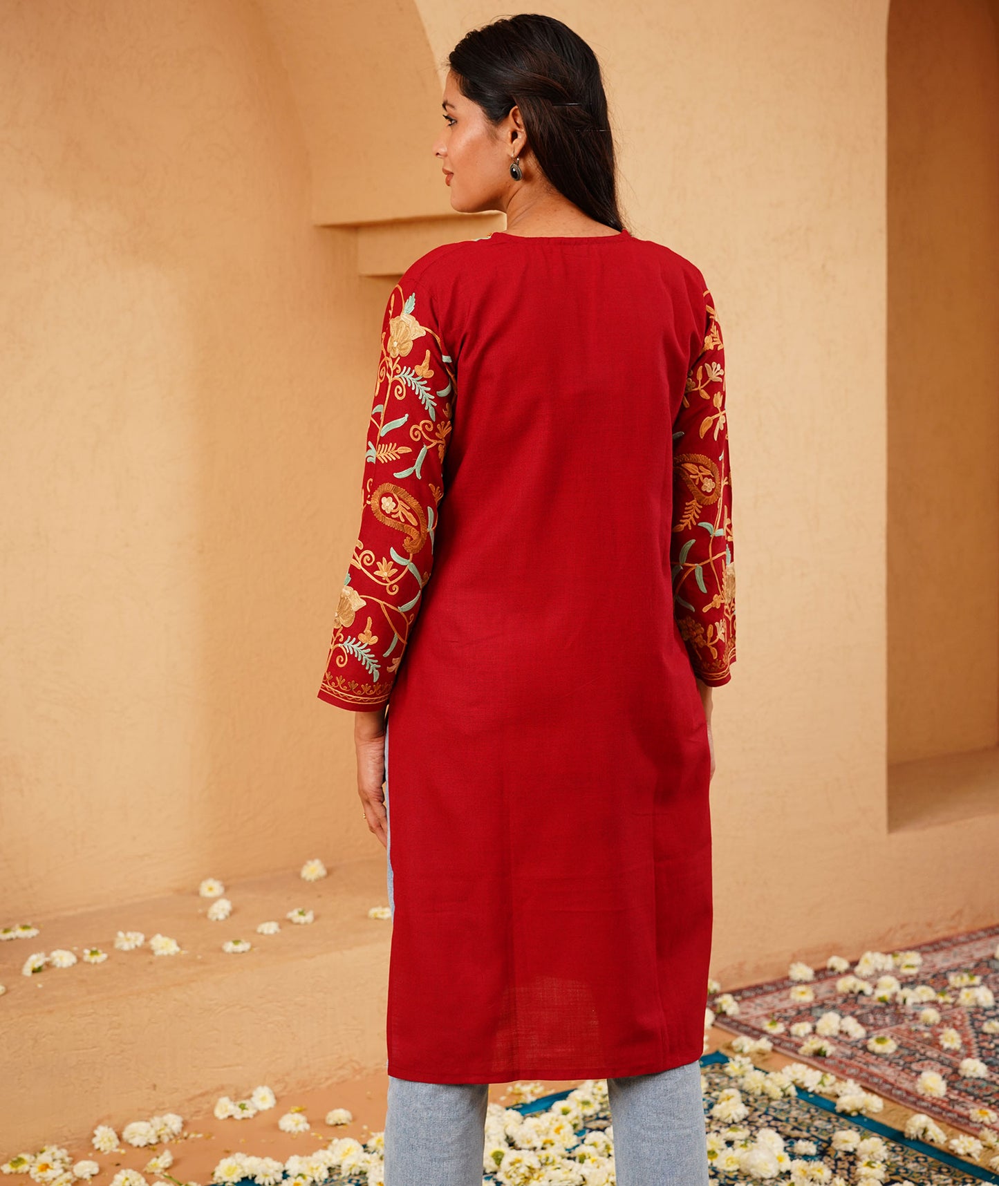 Red Arm Design Aari Embroidered Kashmiri Cotton Kurti