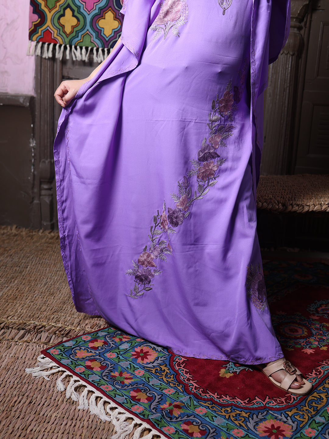 Lavender Aari Embroidered Silk Kaftan