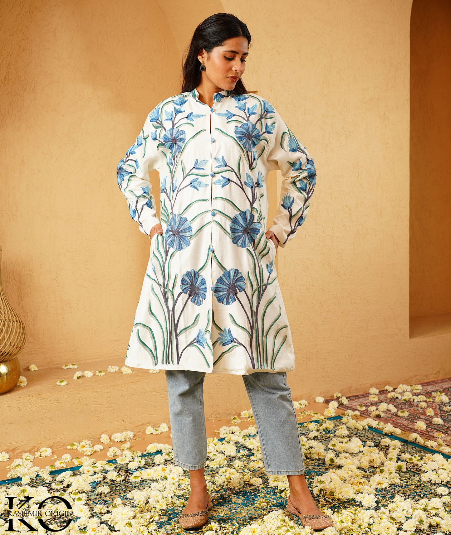 White With Blue Aari Embroidered Kashmiri Long Silk Jacket