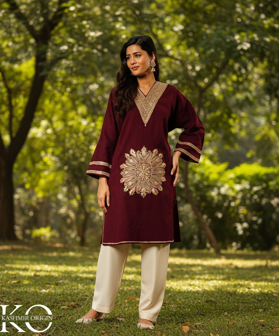 Plum Tilla Embroidered Pure kashmiri Woolen Pheran