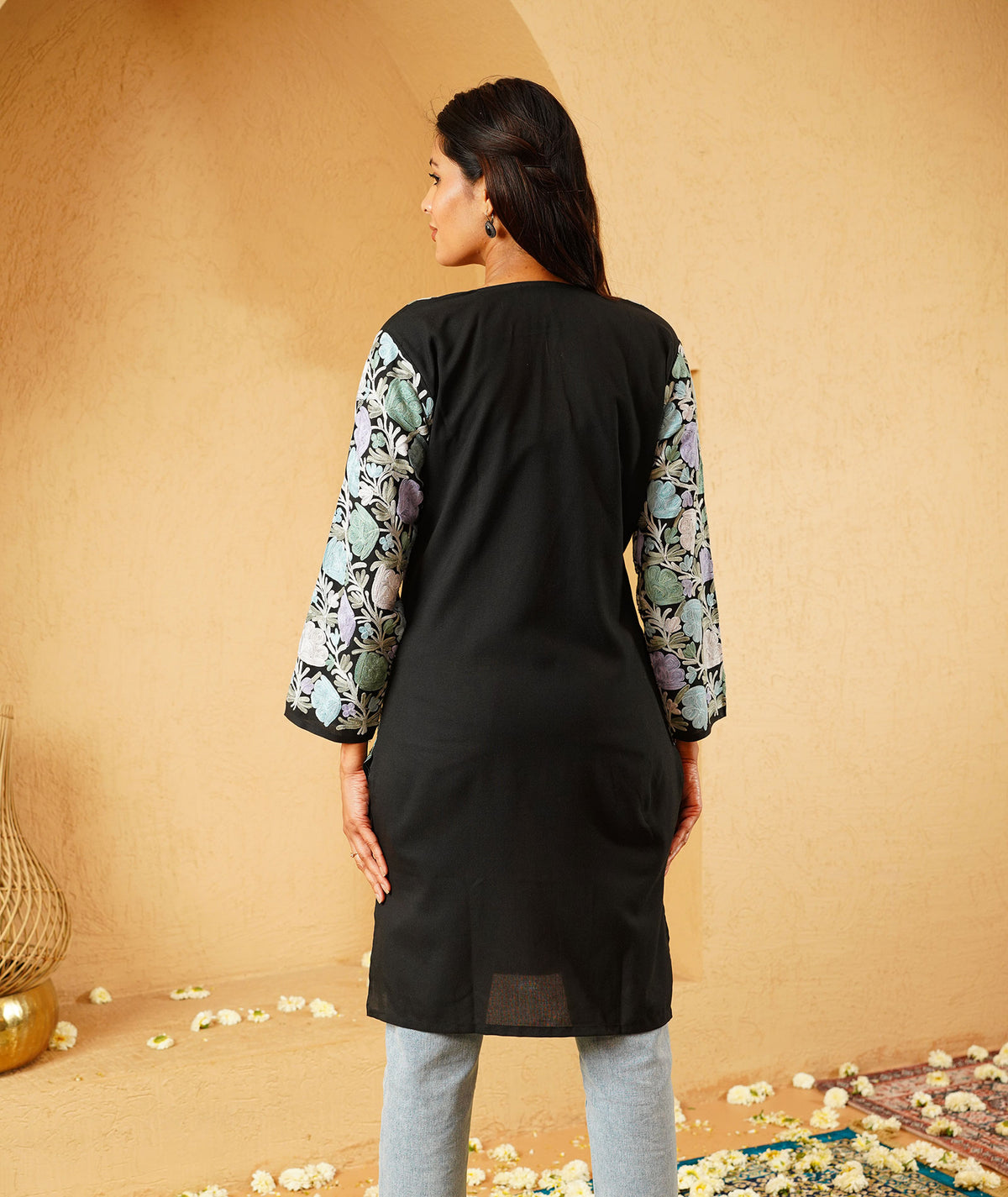 Black Arm Design Aari Embroidered Kashmiri Cotton Kurti