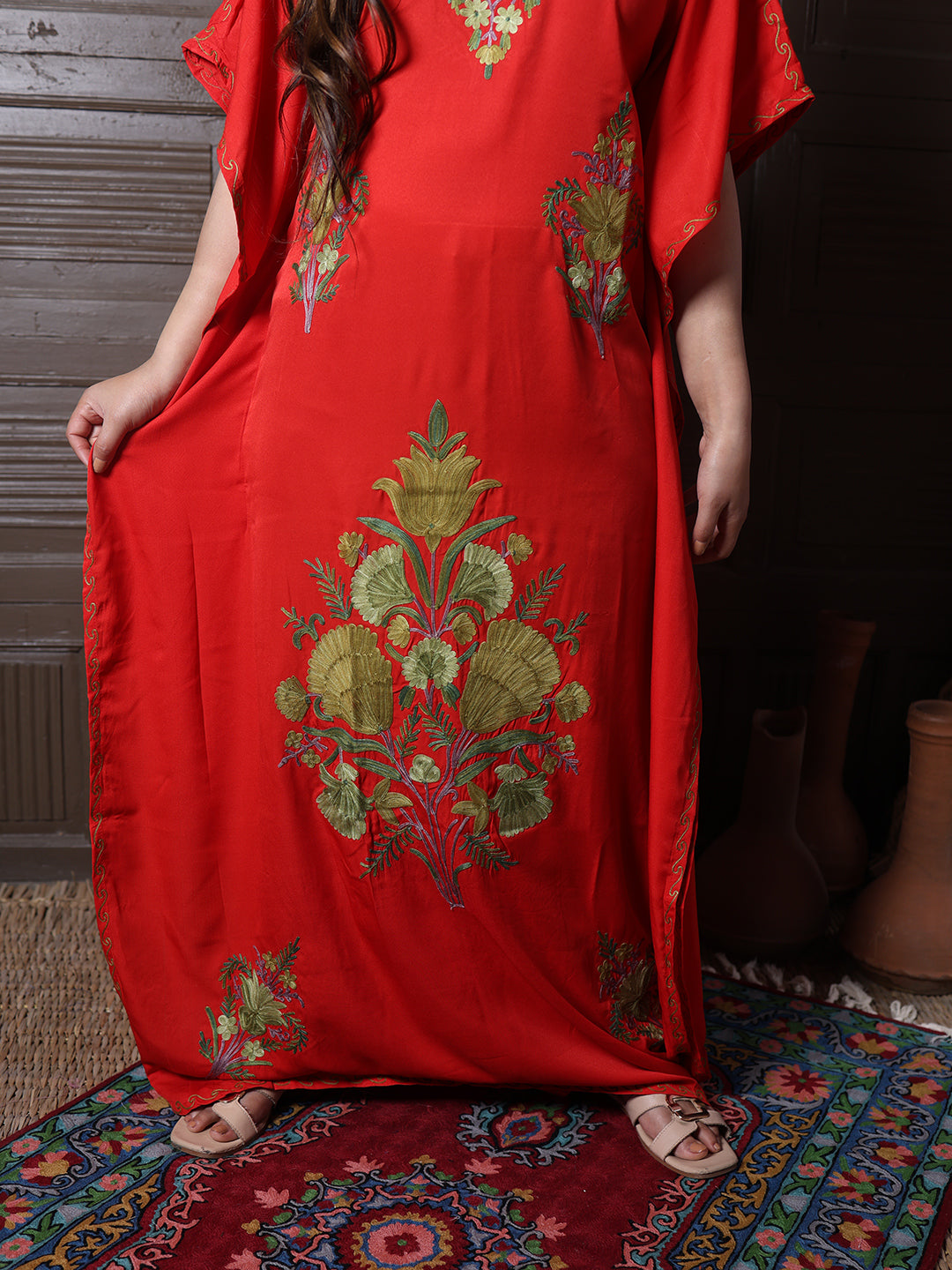 Scarlet Red Cotton Silk Kaftan with Green Aari Florals