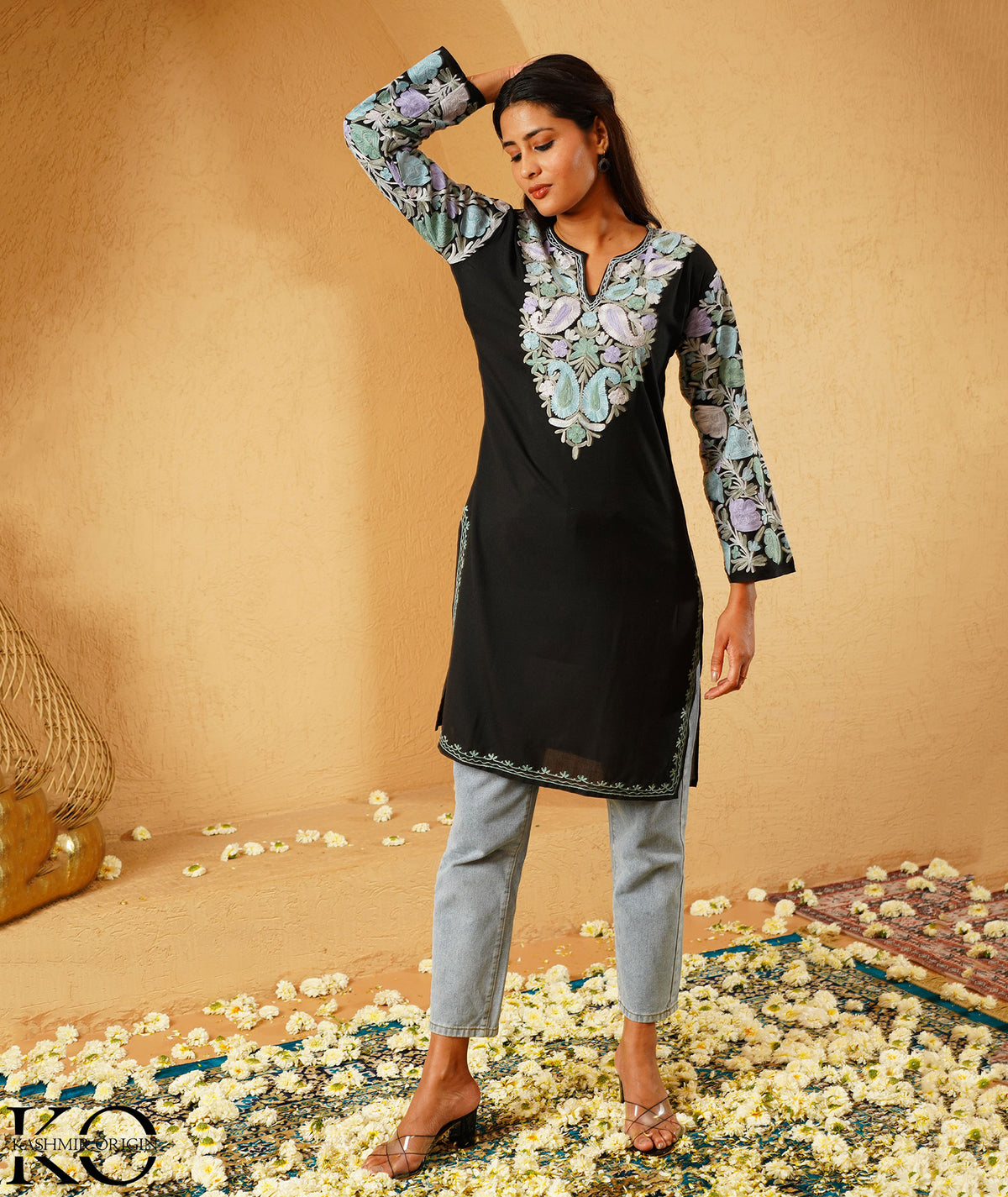 Black Arm Design Aari Embroidered Kashmiri Cotton Kurti