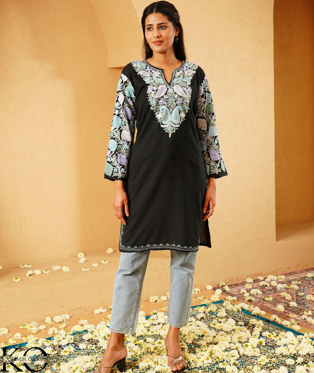 Black Arm Design Aari Embroidered Kashmiri Cotton Kurti