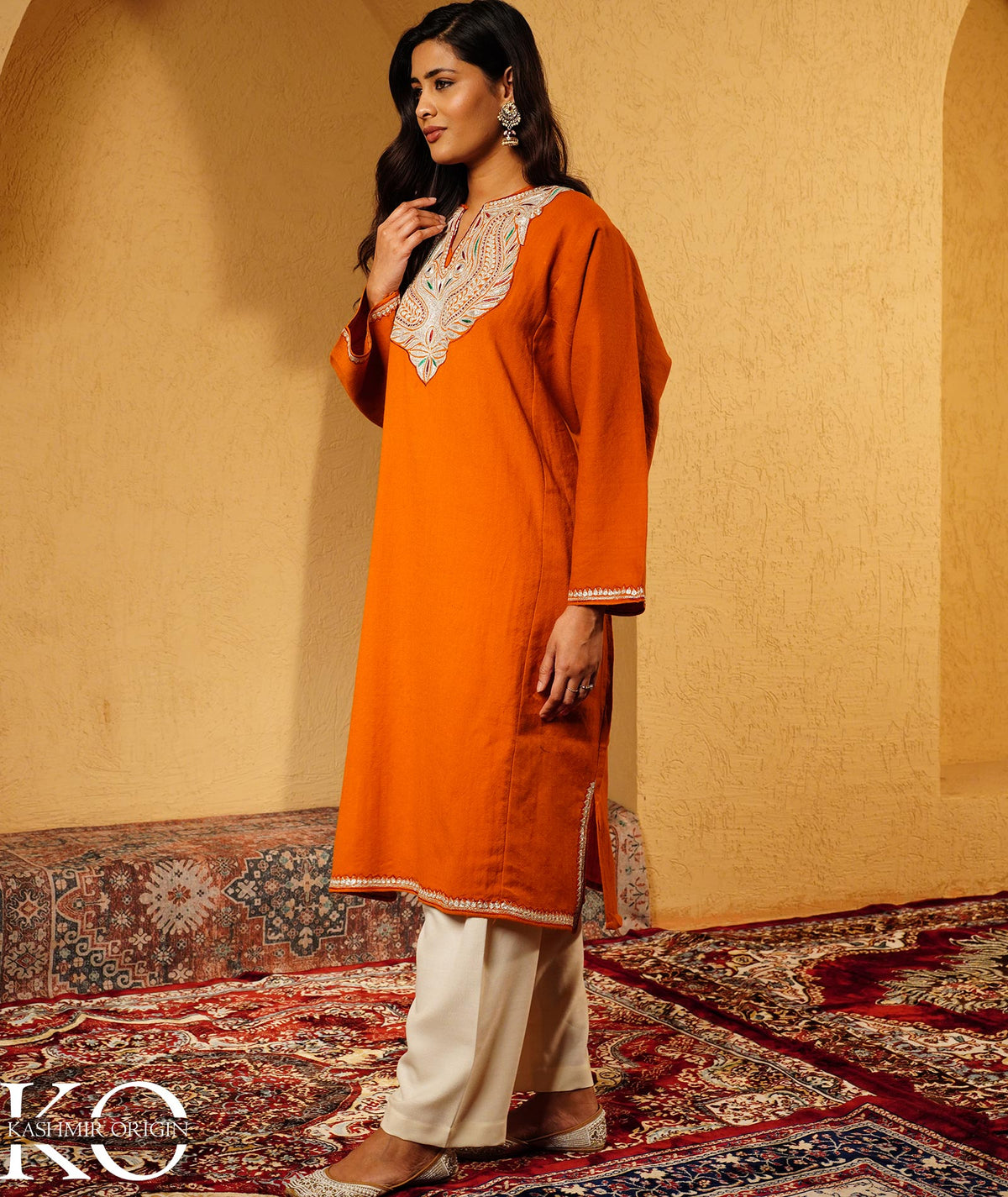 Burnt Orange Tilla Embroidered Pure Kashmiri Woolen Pheran