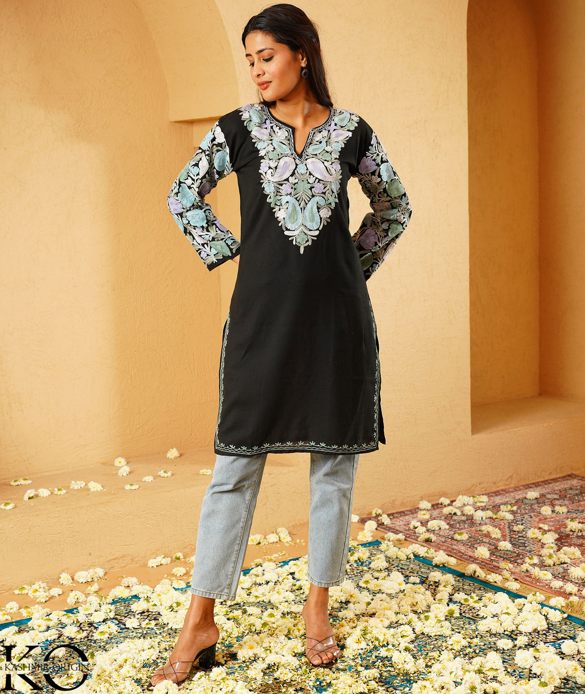 Black Arm Design Aari Embroidered Kashmiri Cotton Kurti