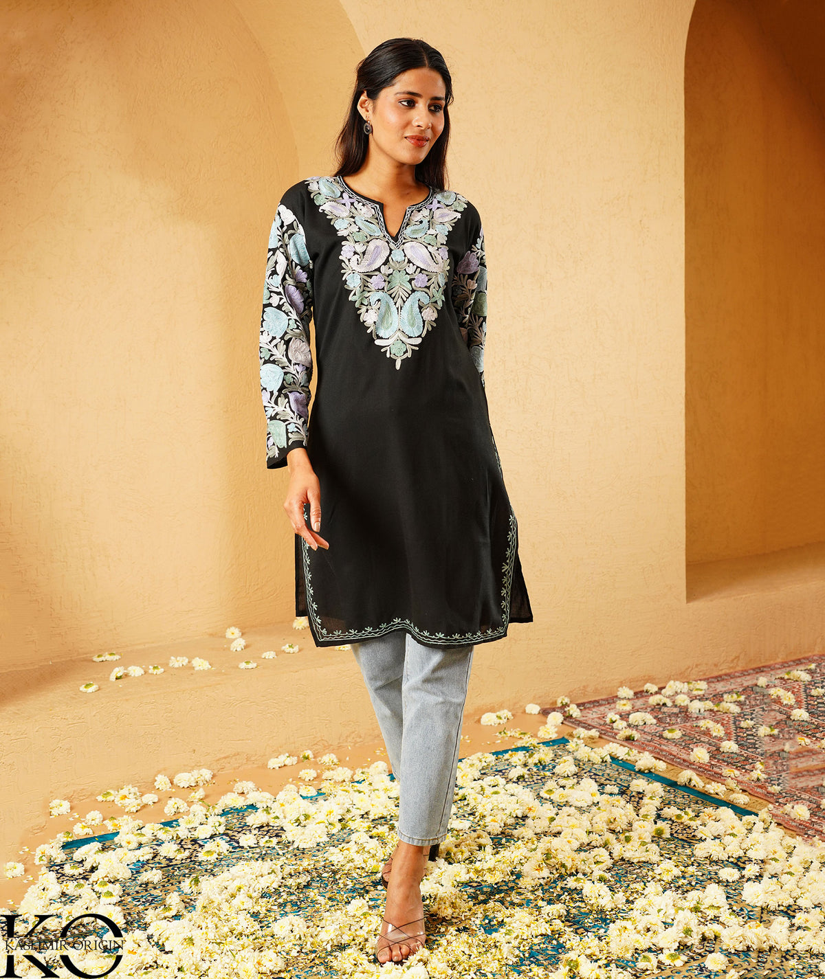 Black Arm Design Aari Embroidered Kashmiri Cotton Kurti