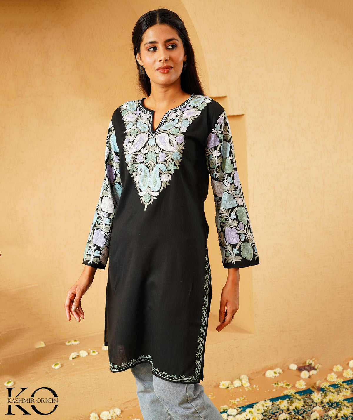 Black Arm Design Aari Embroidered Kashmiri Cotton Kurti