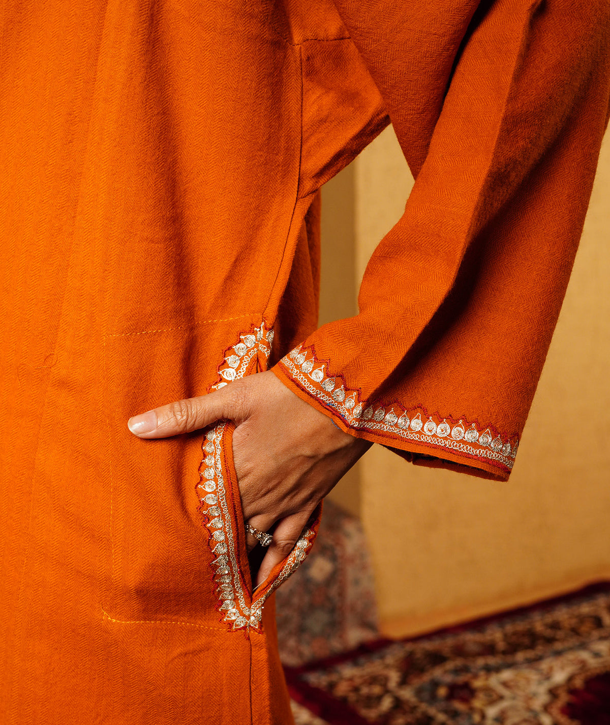 Burnt Orange Tilla Embroidered Pure Kashmiri Woolen Pheran