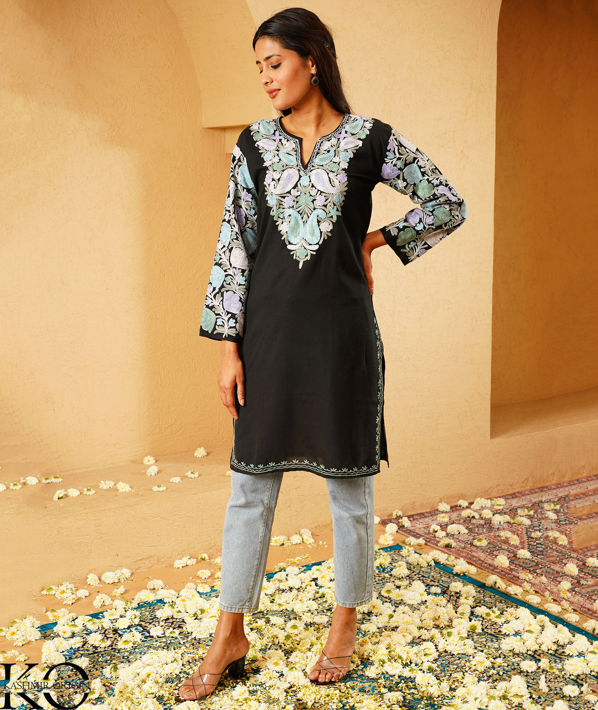 Black Arm Design Aari Embroidered Kashmiri Cotton Kurti