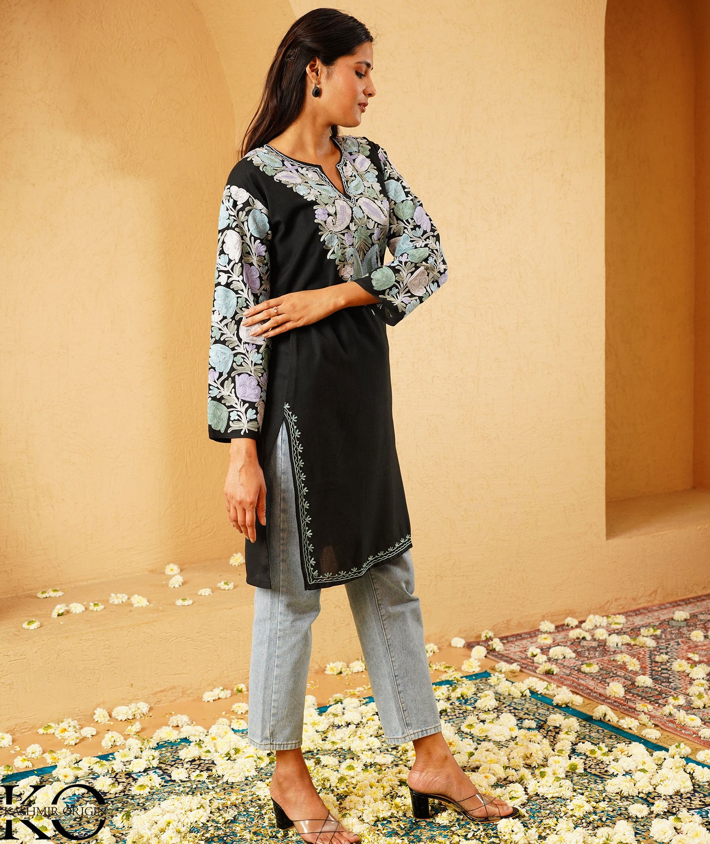 Black Arm Design Aari Embroidered Kashmiri Cotton Kurti
