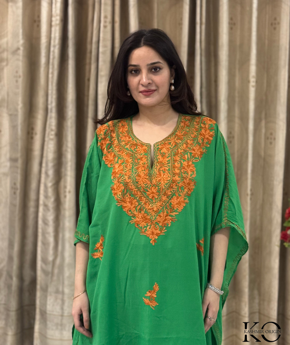 Green Base Aari Embroidered Kashmiri Crush Cotton Kaftan | Special Cotton fabric for Hot Summers