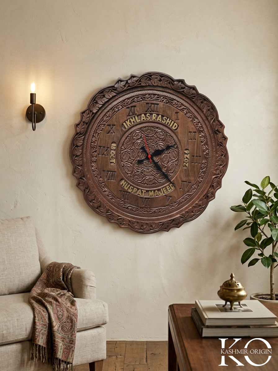 Custom name carving on Kashmiri walnut wood clock