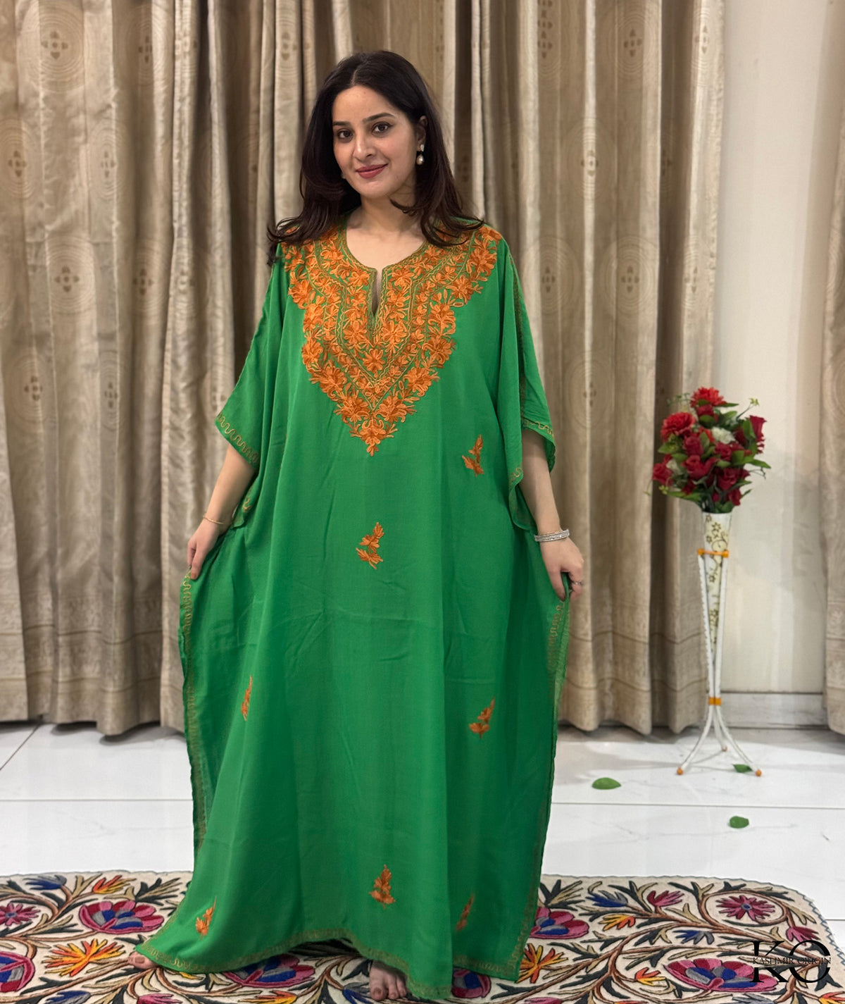Green Base Aari Embroidered Kashmiri Crush Cotton Kaftan | Special Cotton fabric for Hot Summers