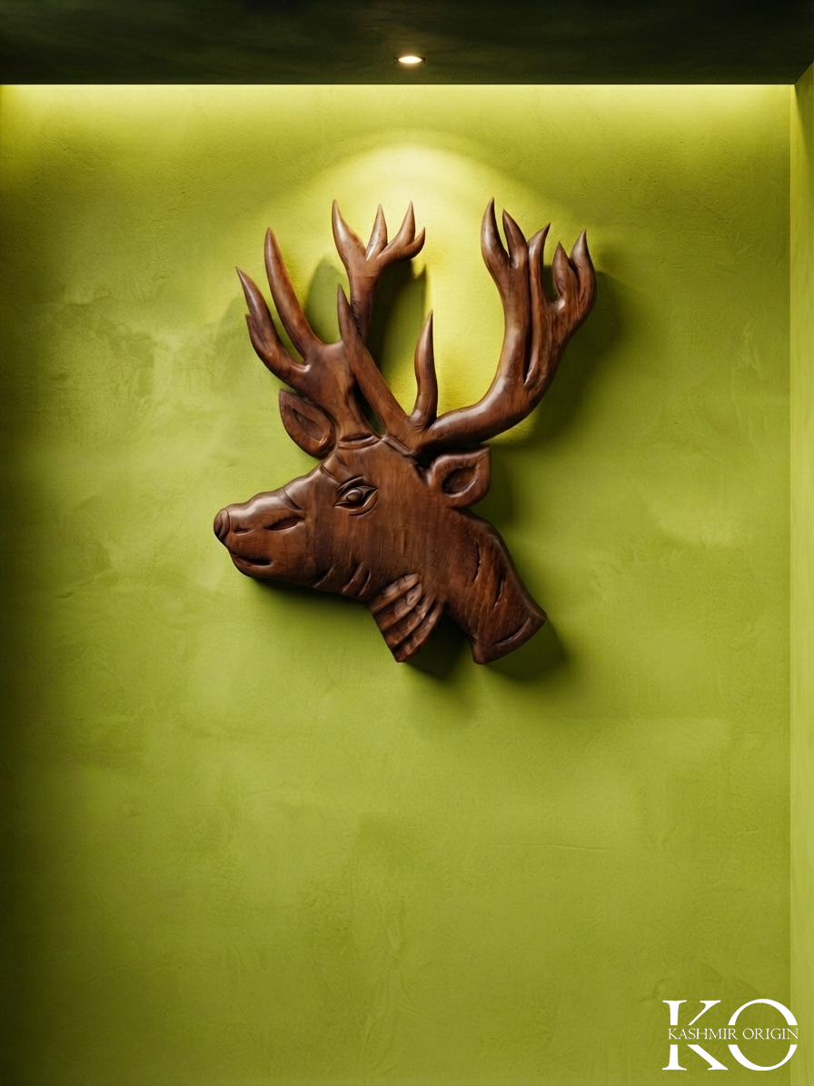 kashmir stag Head | Hangul Shape miniature Walnut Wood Decor Piece | Hand Carved In Kahsmir