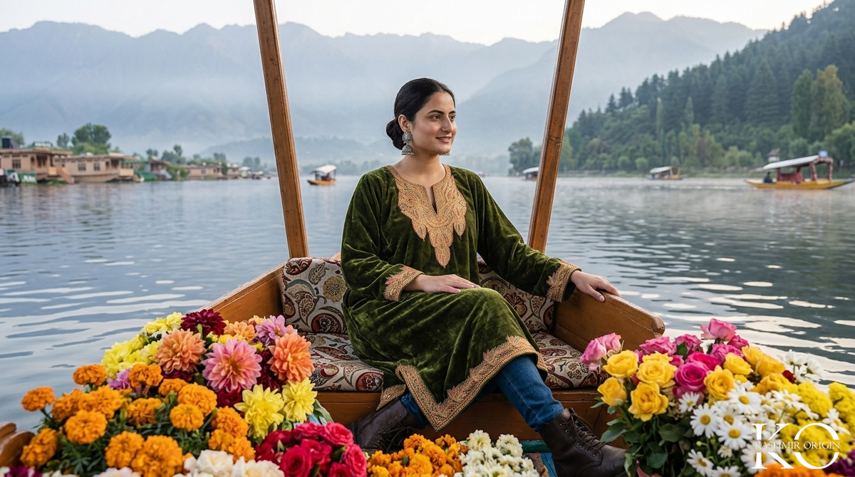 Tilla work on mehndi green velvet pheran – Kashmir Origin