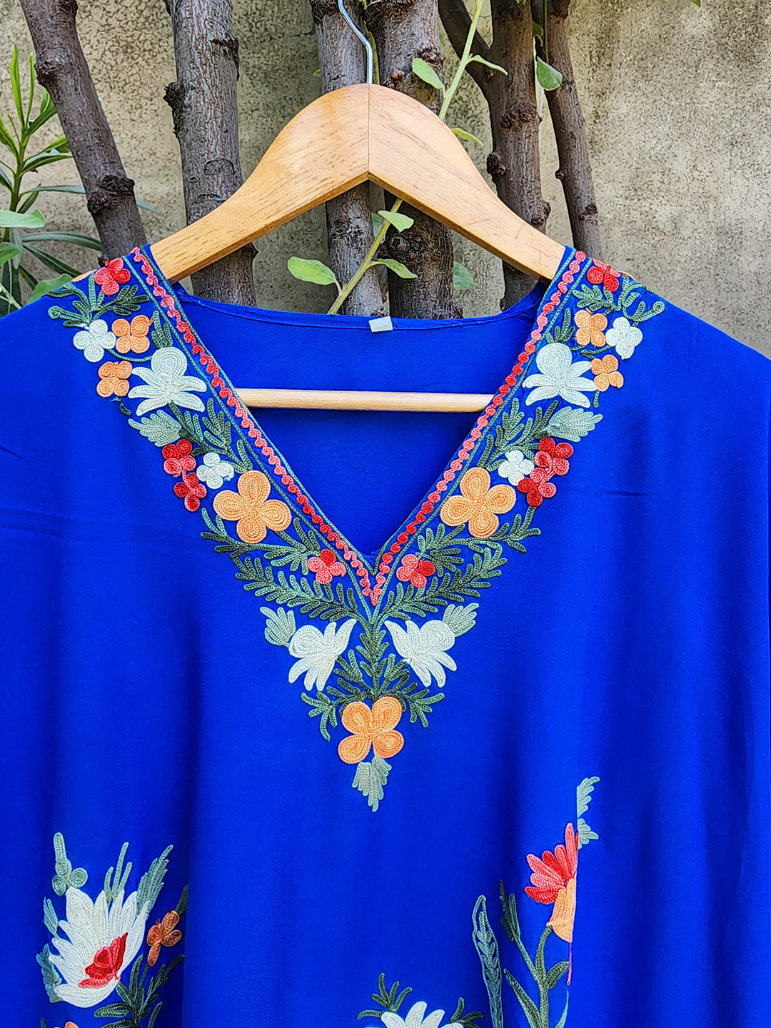 Royal Blue Rayon Cotton Floral Vine Climb Design Kashmiri Kaftan