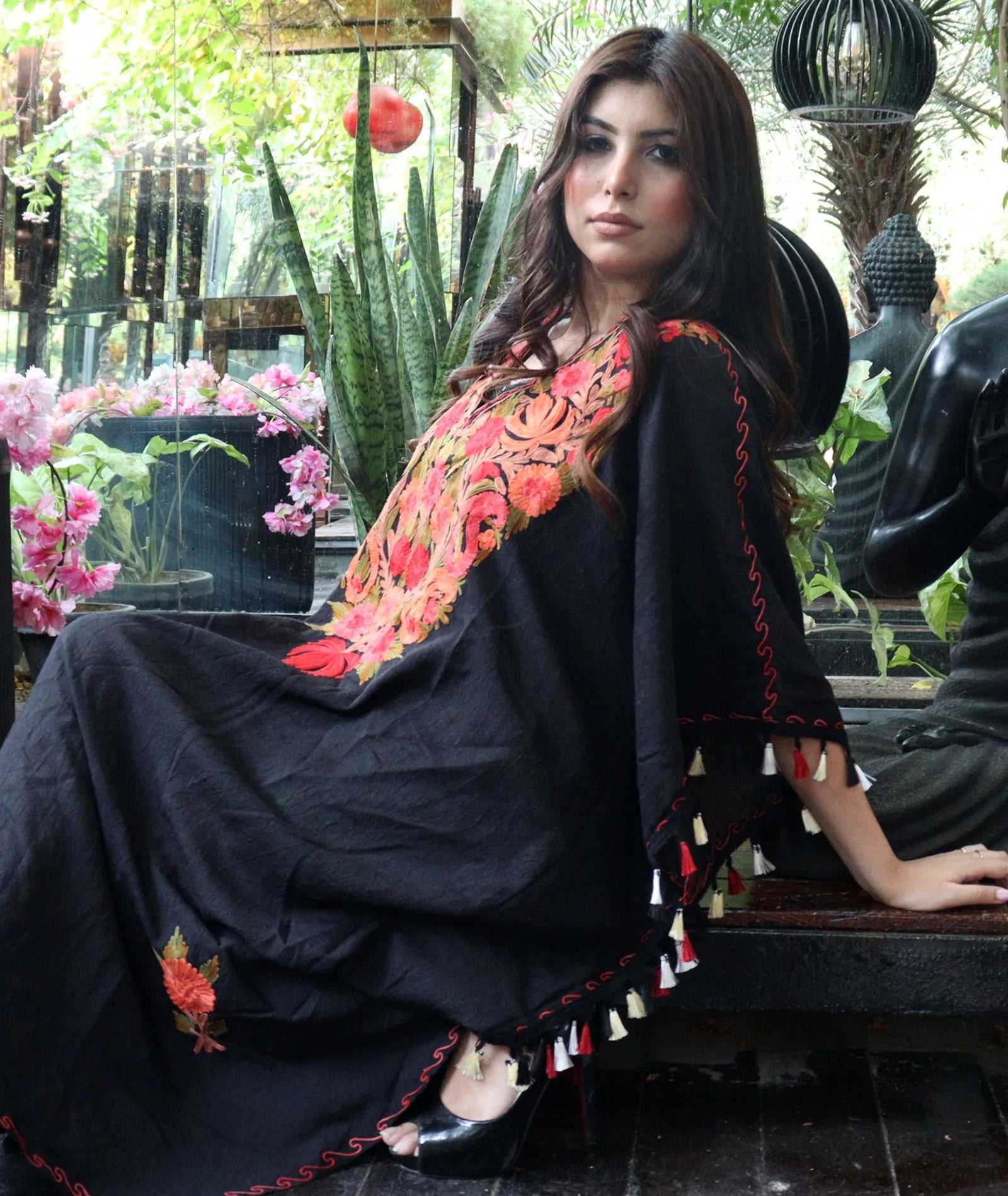 Black Aari Embroidered Cotton Lace Kaftan Kashmir origin Black Aari Embroidered Cotton Lace Kaftan Kashmir origin