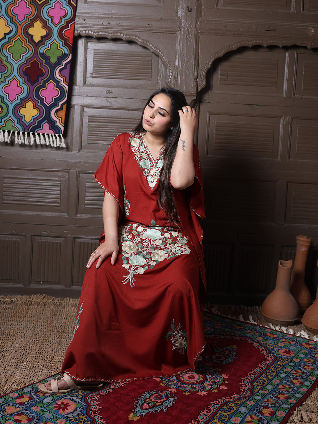 Rust Red Floral Aari Embroidered Kashmiri Kaftan