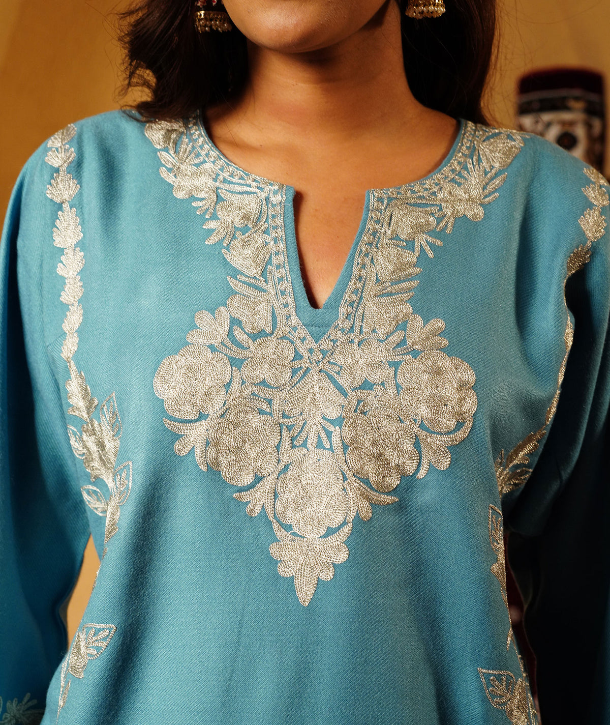 Powder Blue Zari Embroidered Woolen Pheran