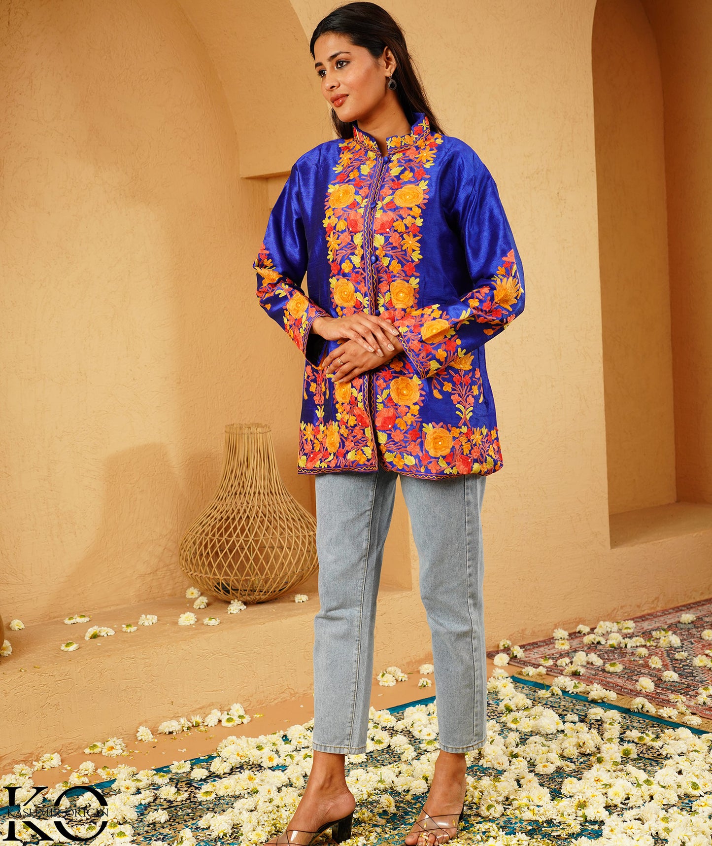 Royal Blue Aari Embroidered Kashmiri Short Silk Jacket |Silk Jacket for women | Short Jackets | Made in kashmir