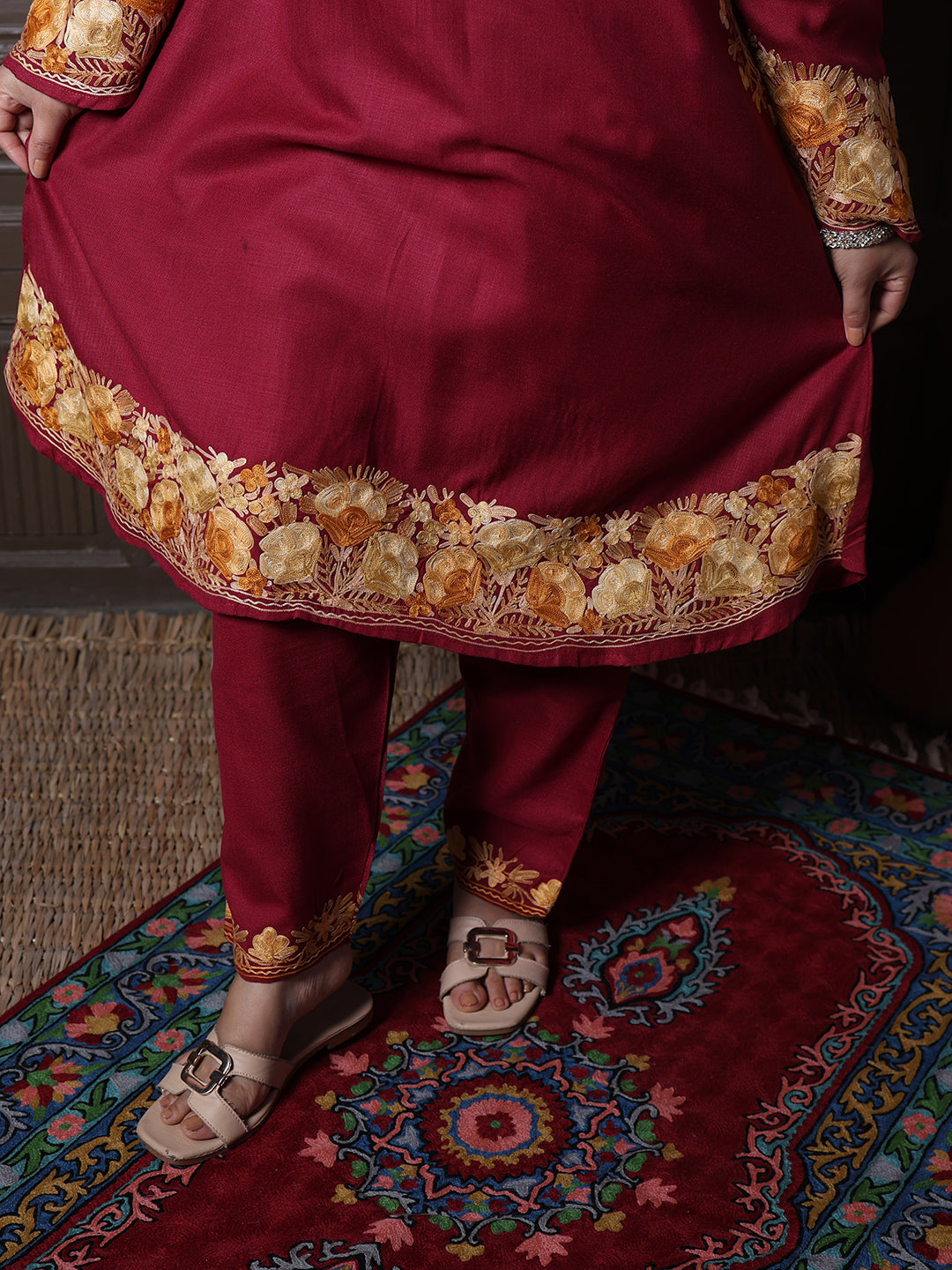 Maroon Aari Embroidered Round Kashmiri Bell Sleeves Co-Ord Set