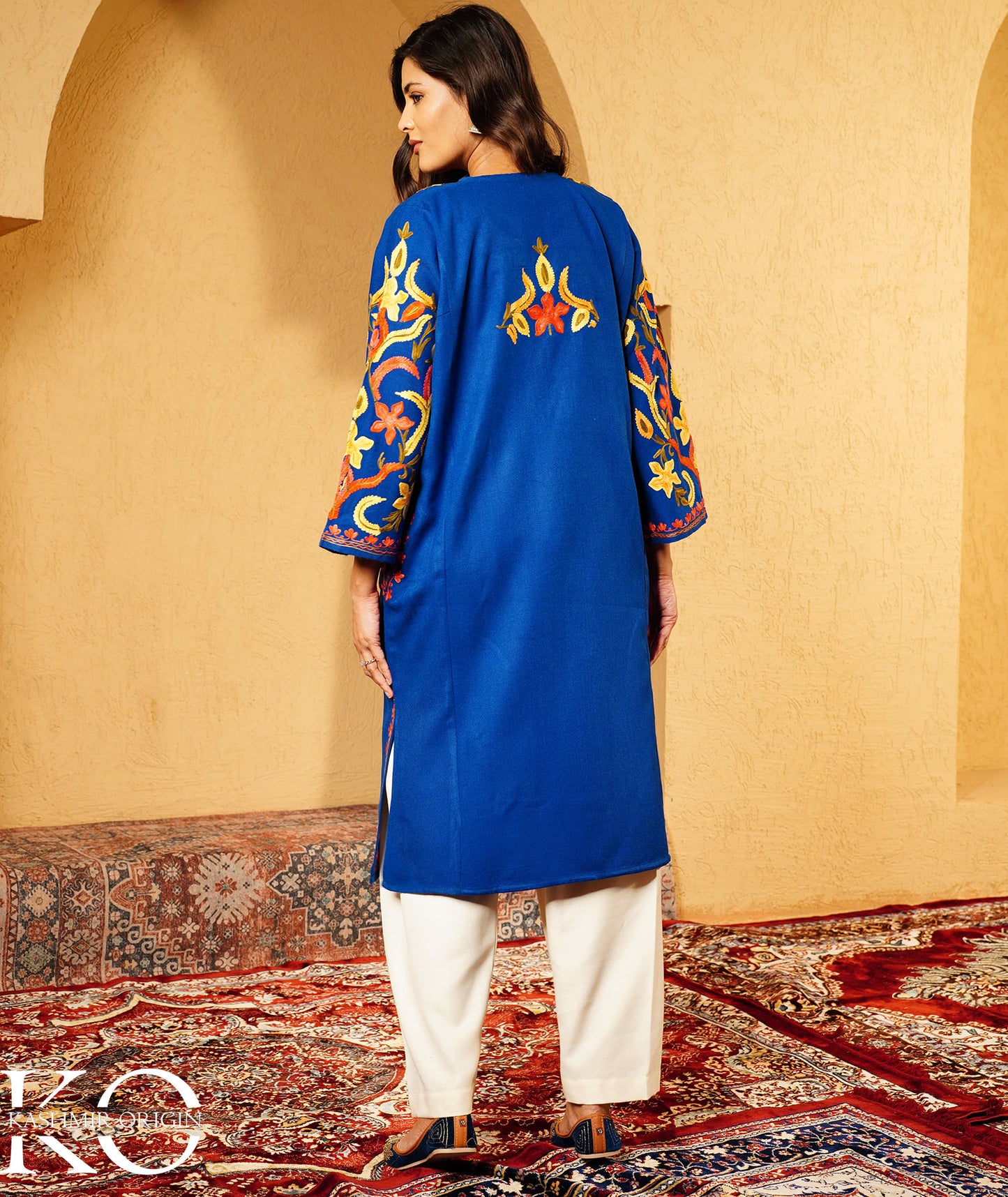 Royal Blue Arm Design Aari Embroidered Woolen Pheran