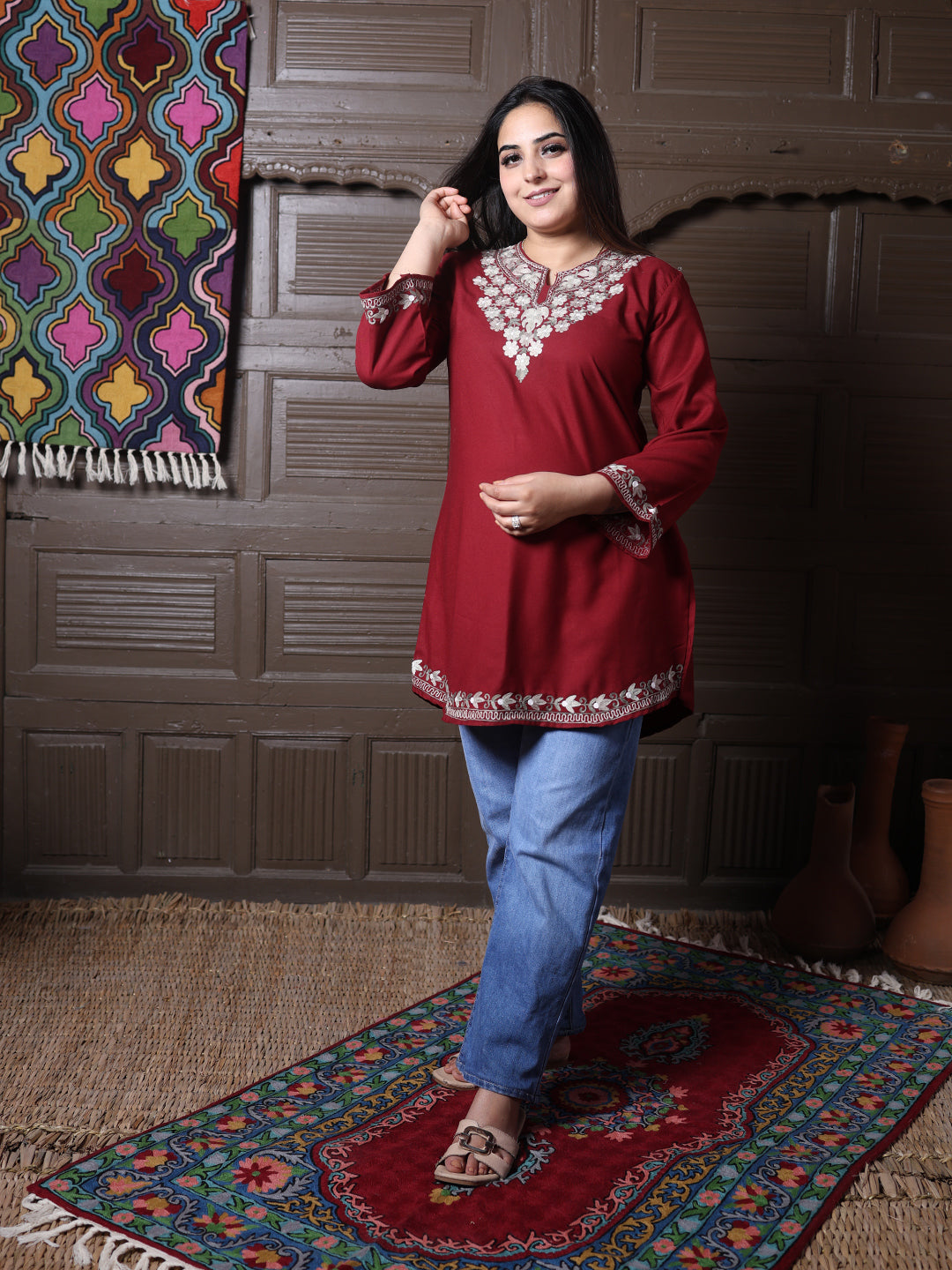 Maroon Aari Embroidered Kashmiri Cotton Short Top