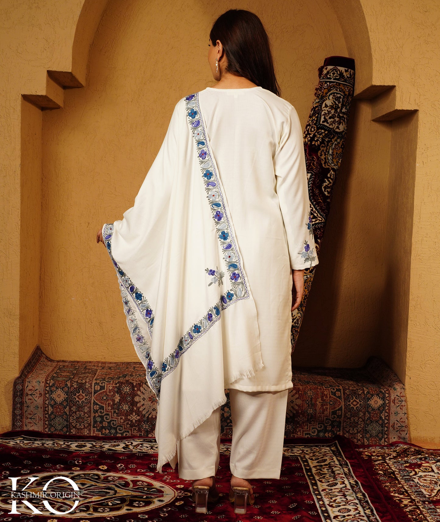 White & Blue Aari Embroidered Woolen Suit With Shawl