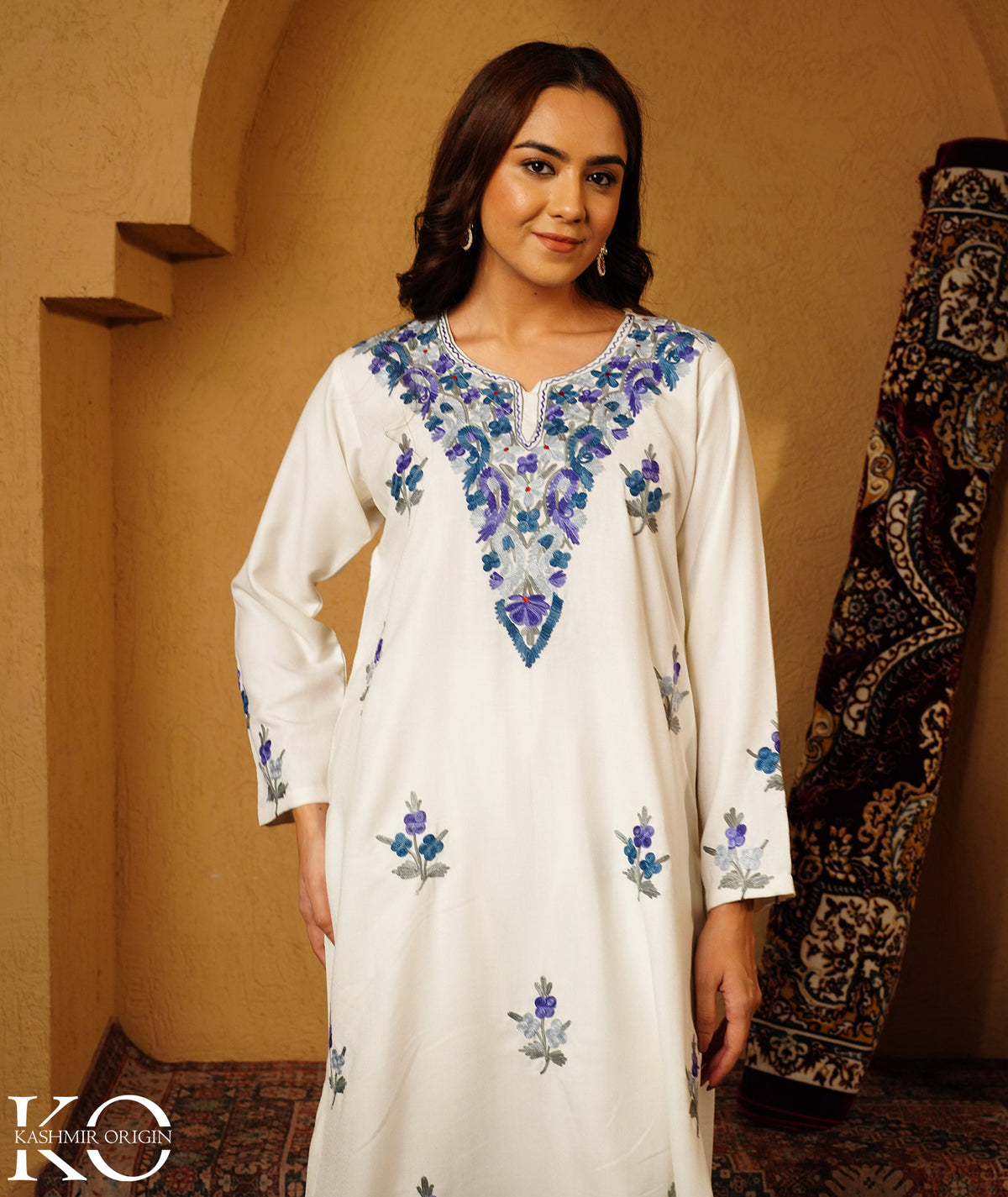 White & Blue Aari Embroidered Woolen Suit With Shawl