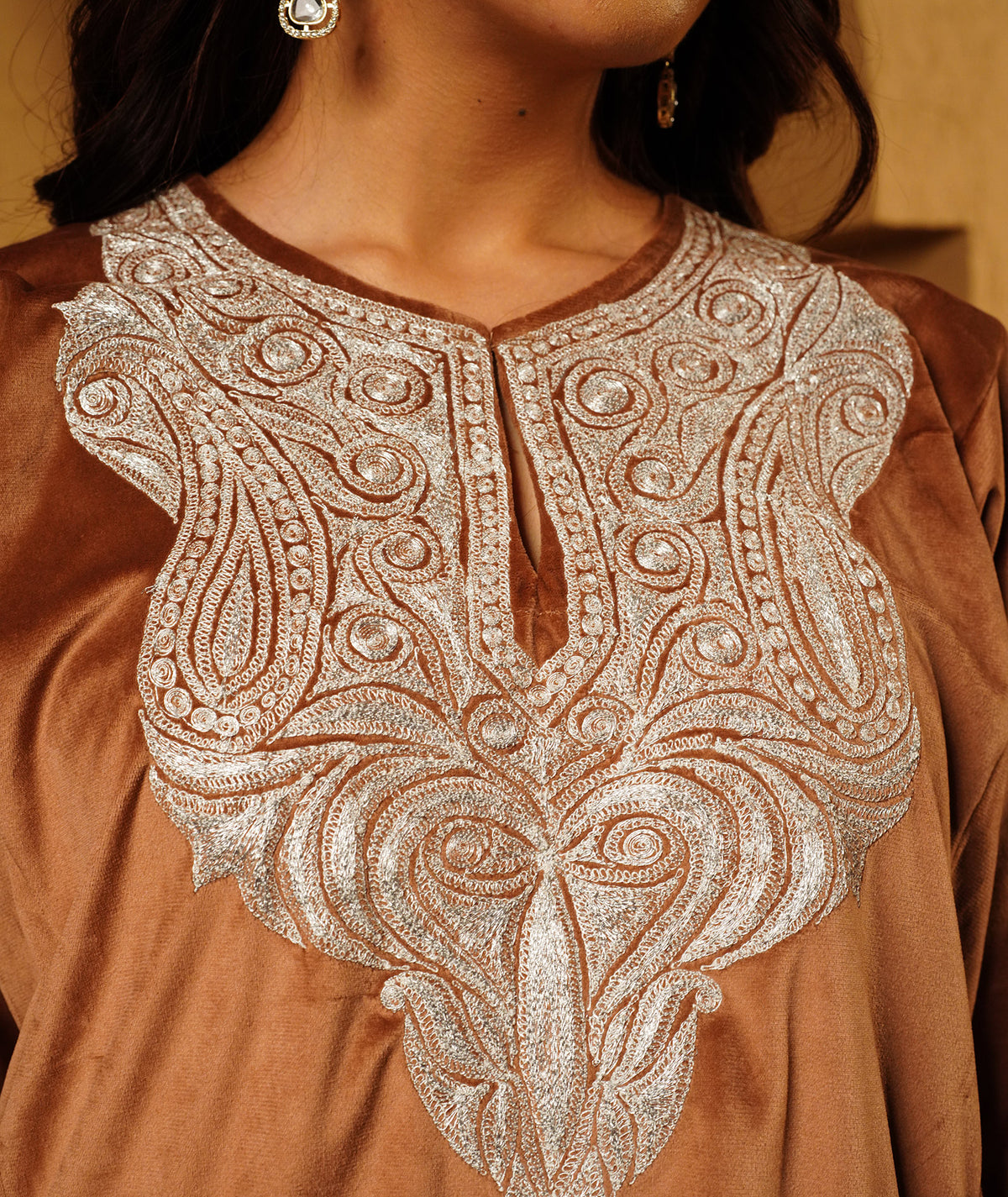 Golden Brown Tilla Embroidered Velvet Kashmiri Pheran