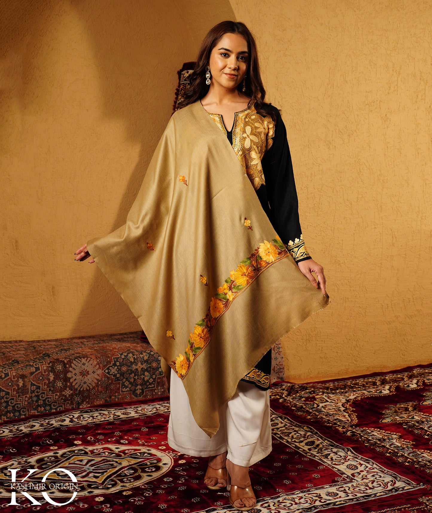 Beige Aari Embroidered Woolen Shawl