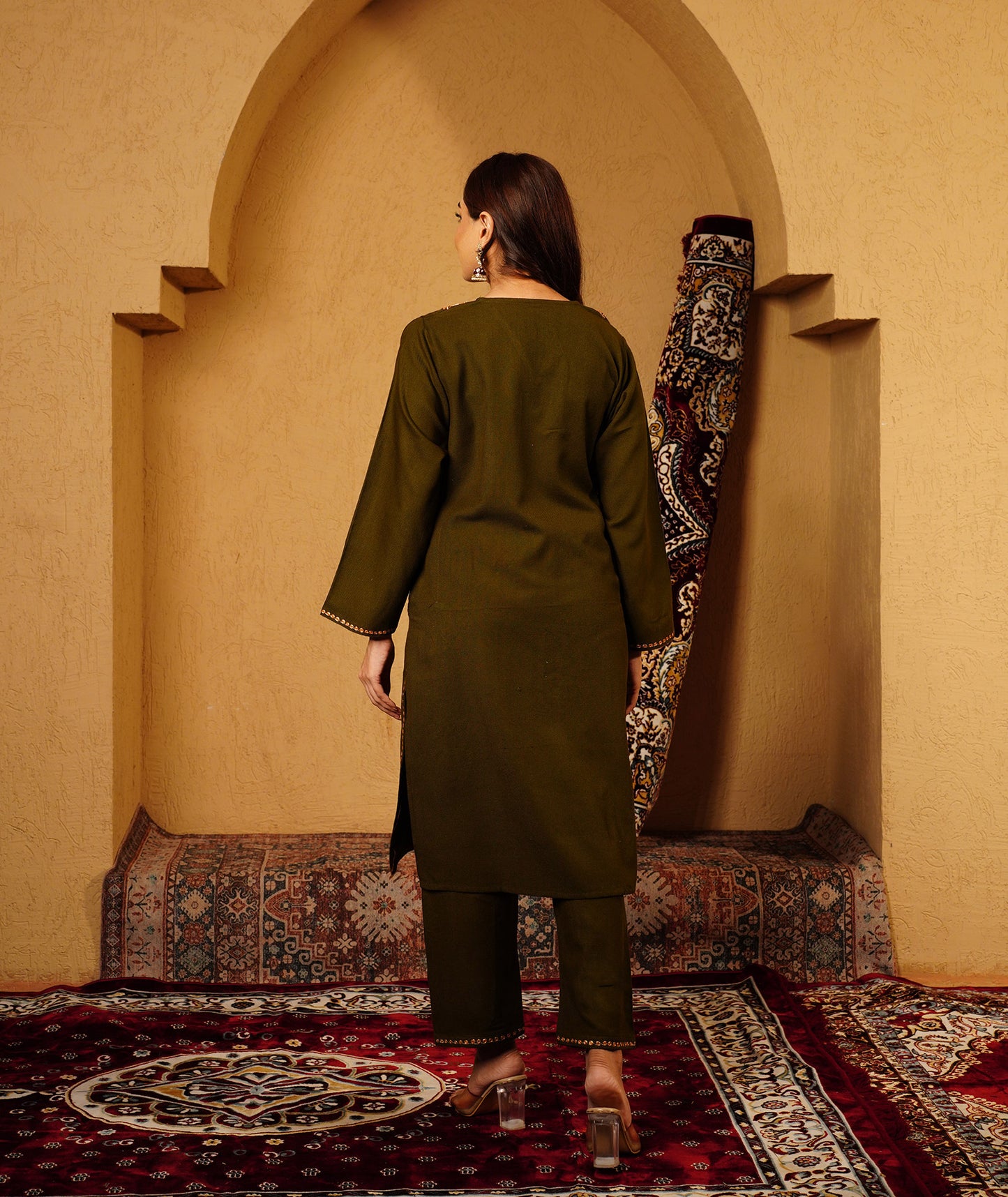 Olive Green Tilla Embroidered Woolen Co-ord Set