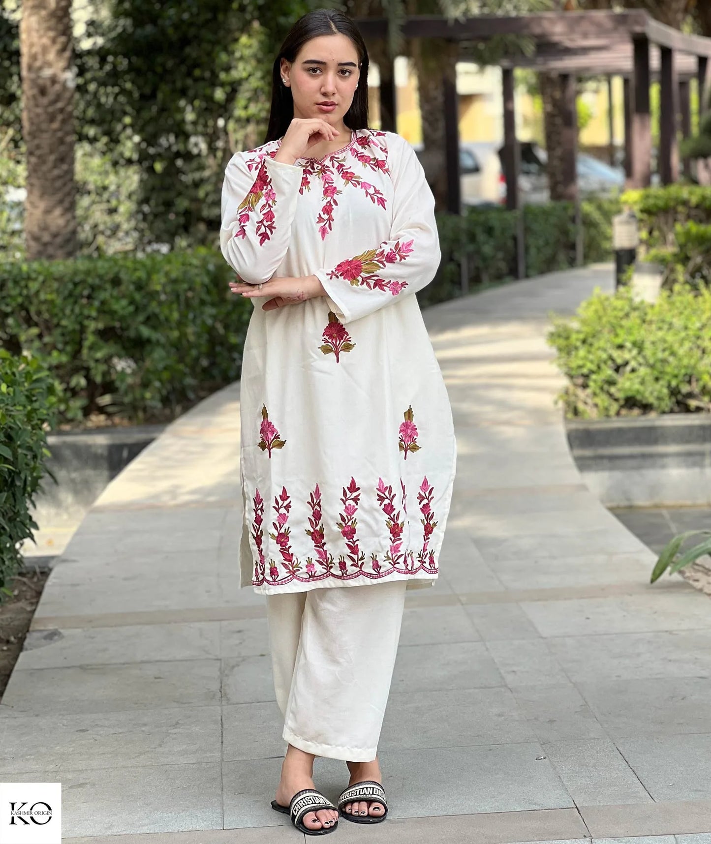 Floral Red Embroidered White Base Cotton Co ord Set | Full Suit