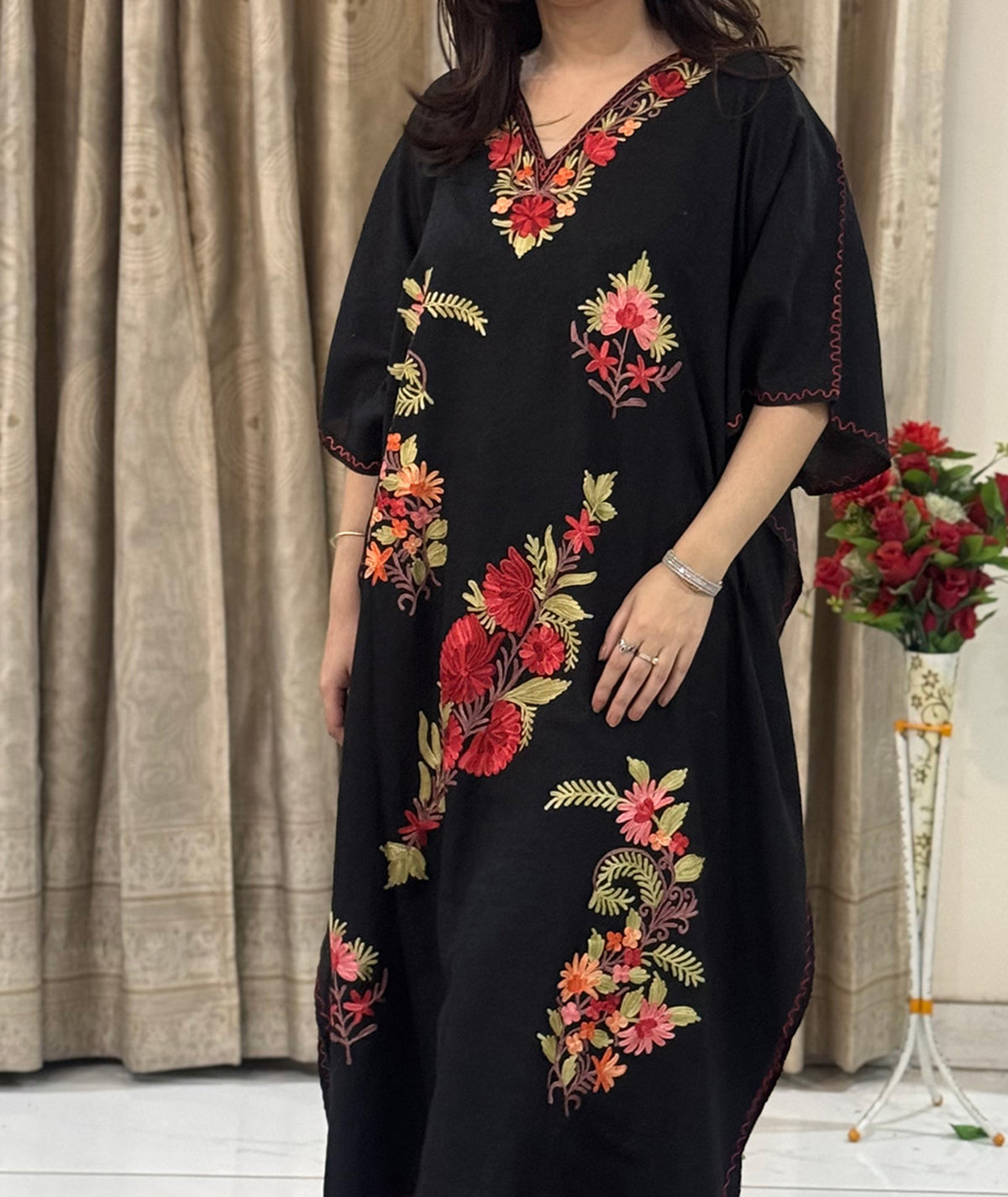 Black Aari Embroidered Plant Design Kashmiri Crush Cotton Kaftan | Special Cotton fabric for Hot Summers