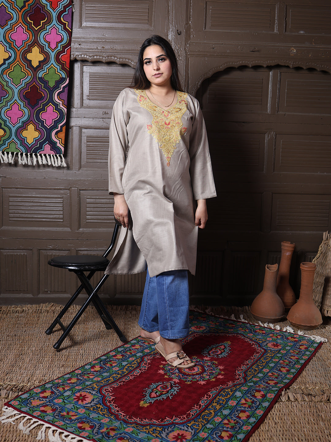 Stone Beige Gold Sozni Embroidered Kashmiri Cotton Kurti