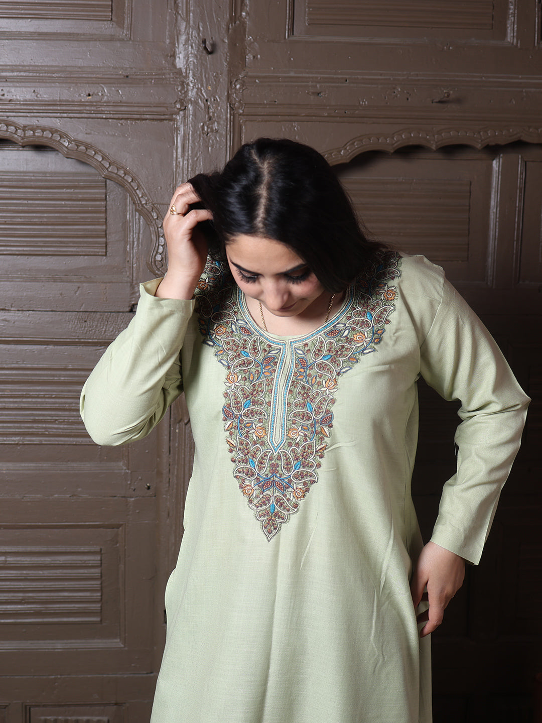 Stone Beige Gold Aari Embroidered Kashmiri Silk Kurti
