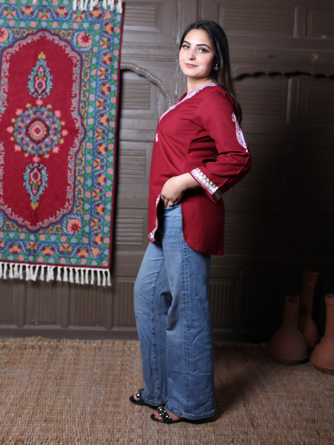 Dark Maroon Pink Aari Embroidered Kashmiri Cotton Top