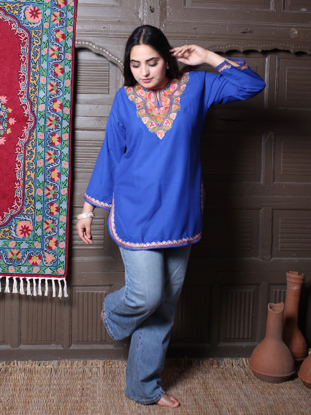 Royal Blue Paisley Aari Embroidered Kashmiri Silk Top