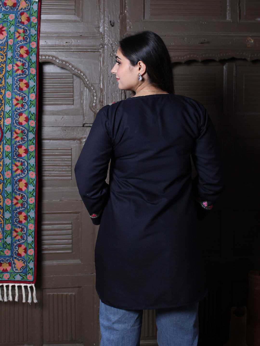 Black Floral Aari Embroidered Kashmiri Cotton Top