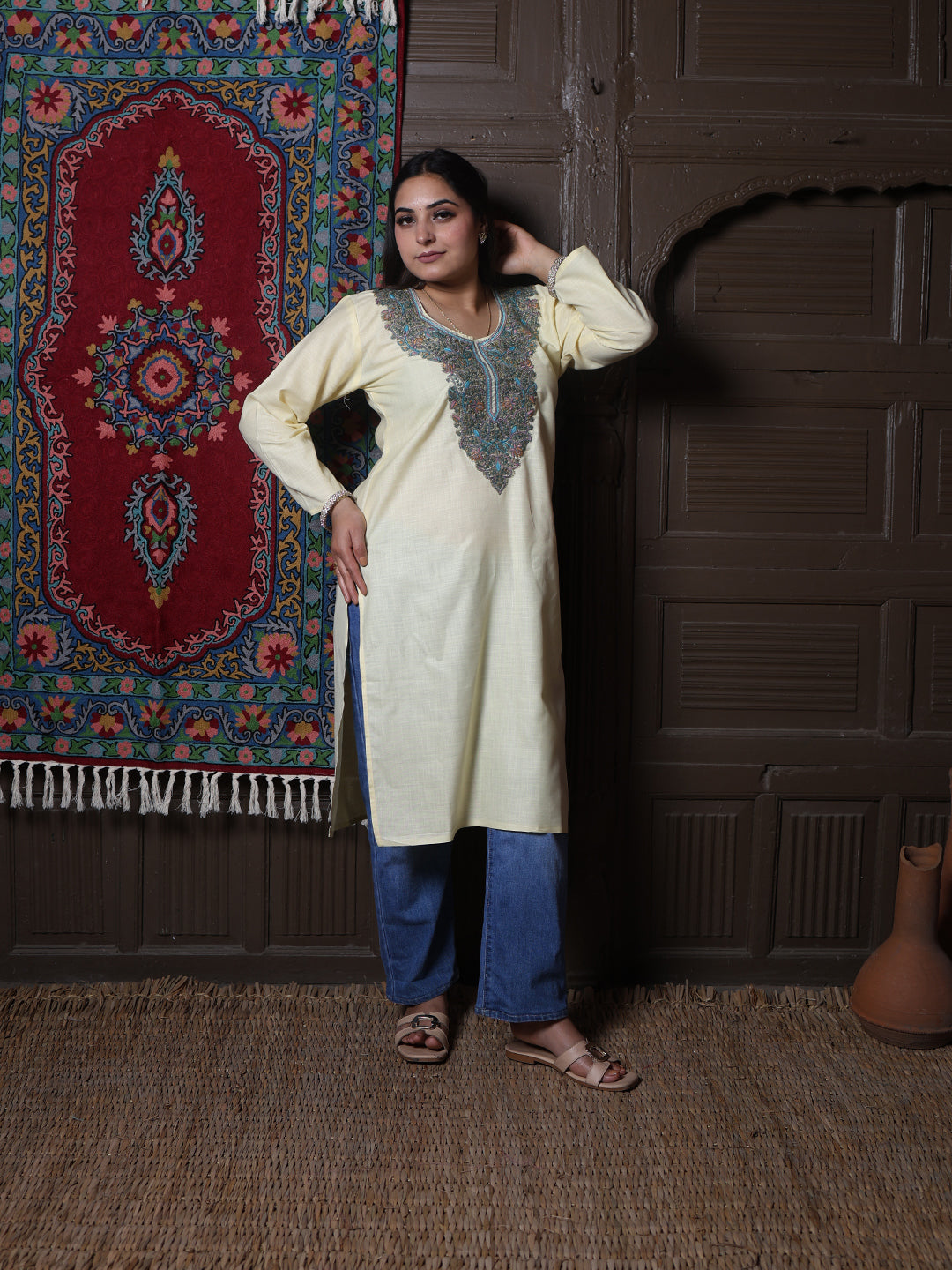 Butter Yellow Teal Sozni Embroidered Kashmiri Cotton Kurti