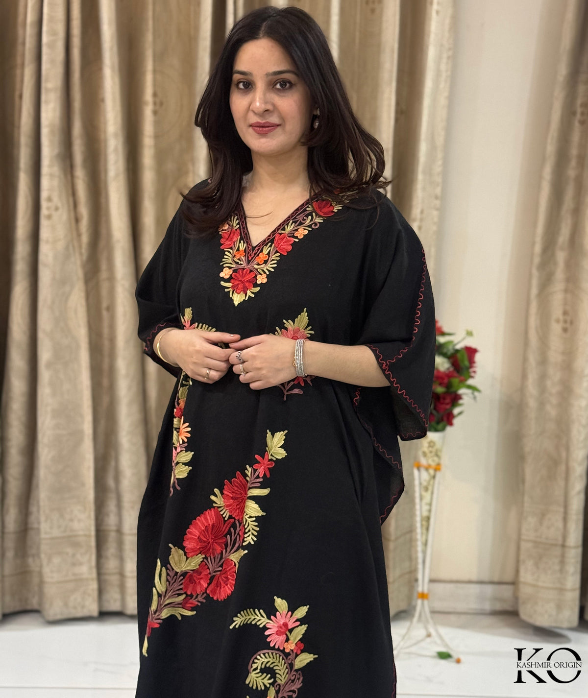Black Aari Embroidered Plant Design Kashmiri Crush Cotton Kaftan | Special Cotton fabric for Hot Summers